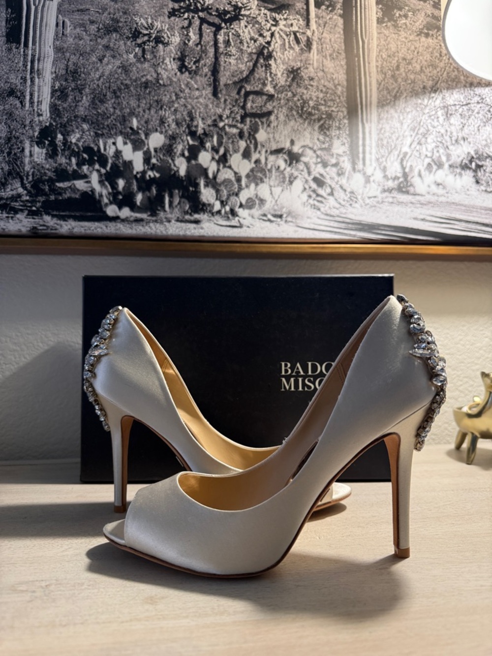 Badgley Mischka Ivory Satin Peep-Toe Heels with Crystal Brooch